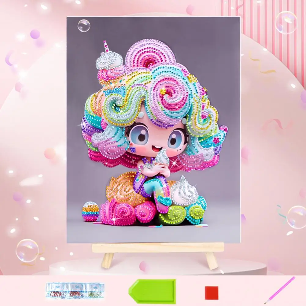 5D Diamond Painting Kit Princess Ice Cream for Kids with Frame Interactive Art Crafts Set Diamond Embroidery Cross Stitch