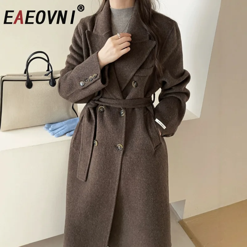 

EAEOVNI Winter Wool Warm Long Coat Women Fashion Solid Color Double Button Belt Office Lady Jacket 2025 New Clothing