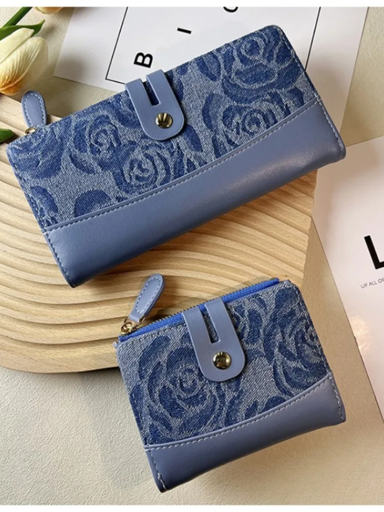 

Canvas Denim Rose Print Wallet Women PU Leather Coin Purses Fashion High Quality Ladies Money Bag Female Purses Clutch