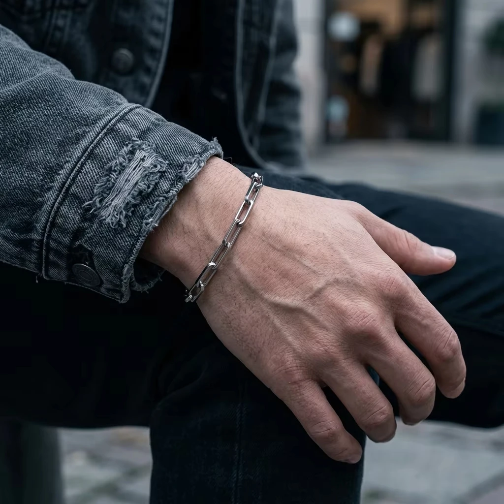 Unisex Stainless Steel Paper Clip Chain Bracelet Adjustable 19+5cm 4mm Width Minimalist Man Bracelet, Kawaii Jewellery for Woman