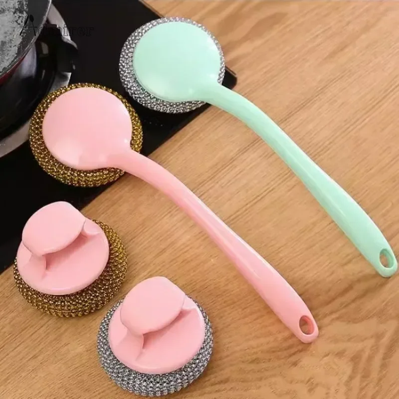 Kitchen Scrubber PET Cleaning Ball Long Handle Replace Cleaning Brush Wash Dishes Wash POTS Brush Fiber Steel Ball