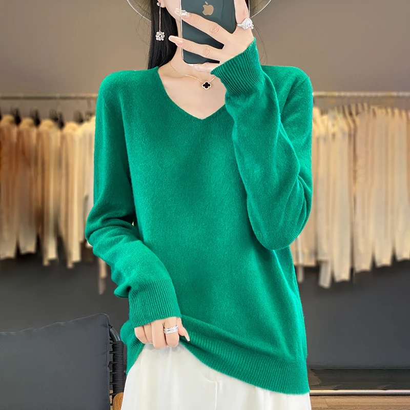 New Women's V-neck First-line Ready-To-Wear Sweater Long Sleeve Jumper Loose Fashion Comfortable Solid Color SweaterZD