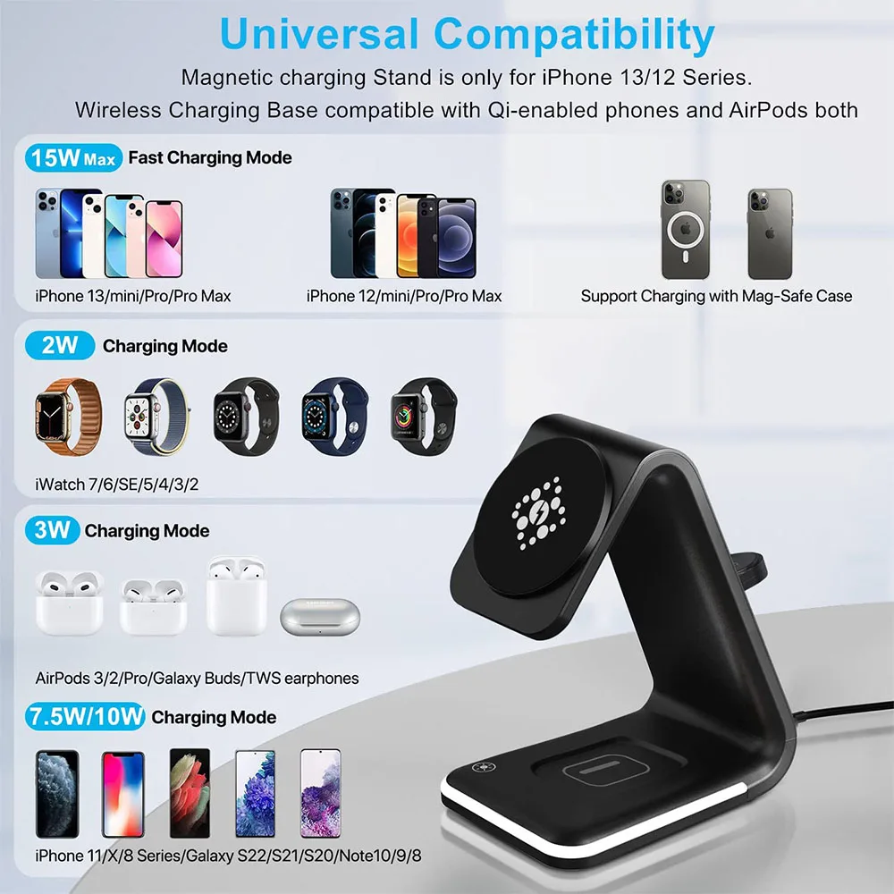 Soporte de cargador inalámbrico magnético 3 en 1 de 20W para Apple Watch 7 6 15W, estación de carga rápida para iPhone 13 12 AirPods 2 Pro