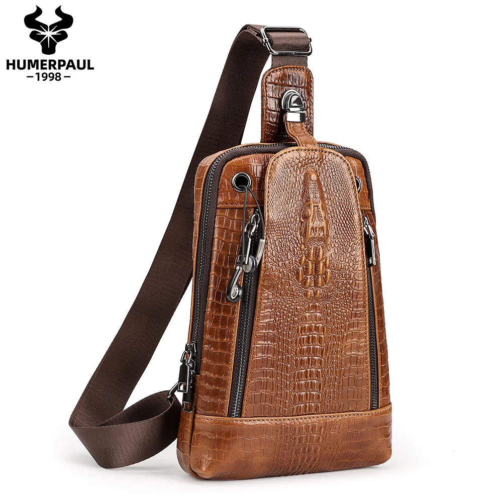 HUMERPAUL Cowhide Crocodile Grain Men's Chest Pack Alligator Pattern Carry Bags Fashion Shoulder Bag Male Travel Crossbody Bag