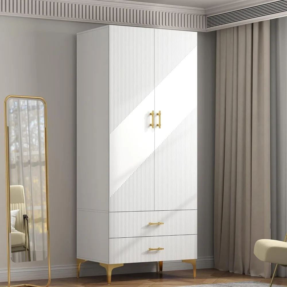 Wardrobe Armoire with 2 Doors, 2 Drawers and Hanging Rods, Twill Wood Closet Storage with Metal Cabinet Legs