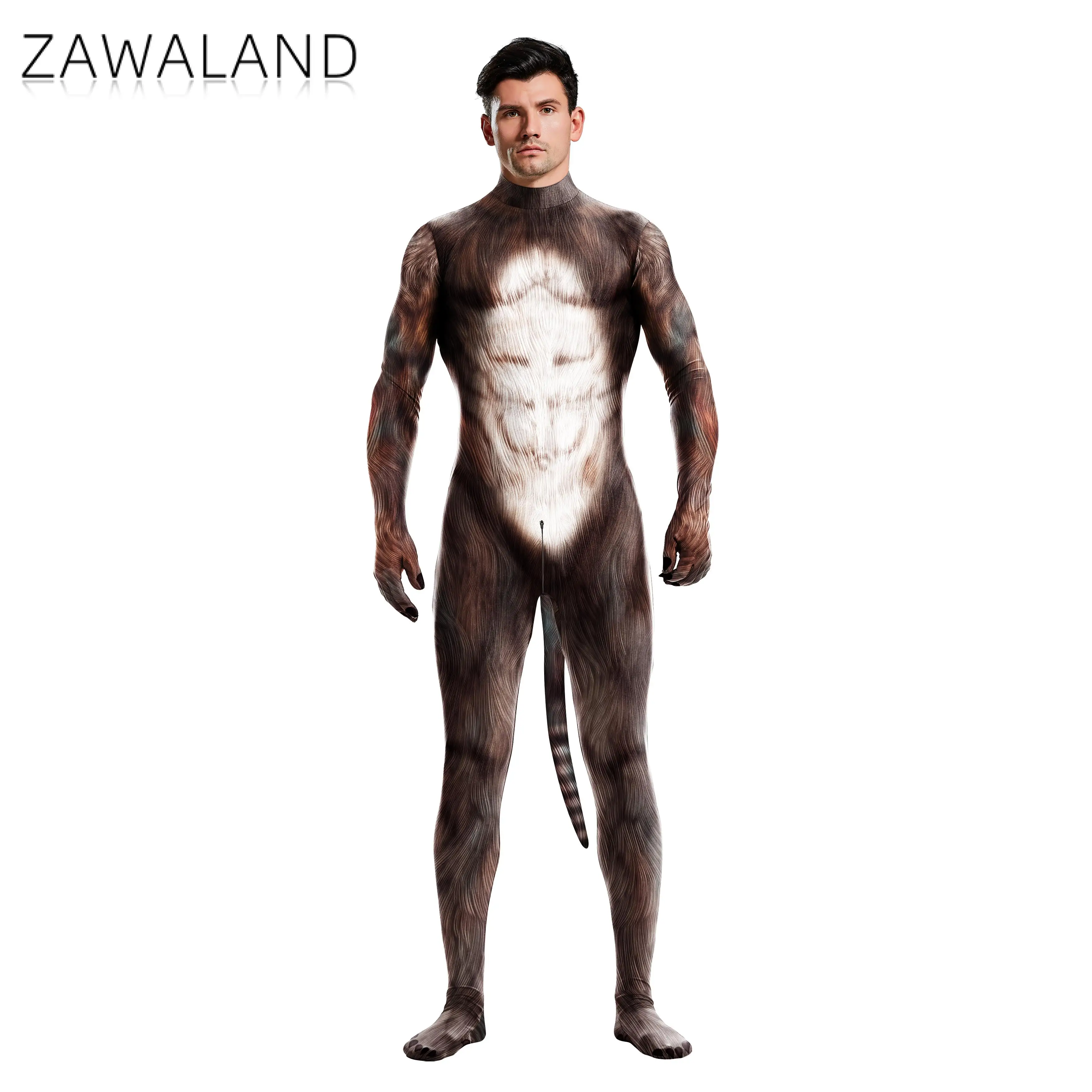 Zawaland Sexy Luipaardprint Dier Cosplay Kostuum Kleding Rits Zentai Bodysuits Mannen/Vrouwen Vermomming Jumpsuits Met Staarten