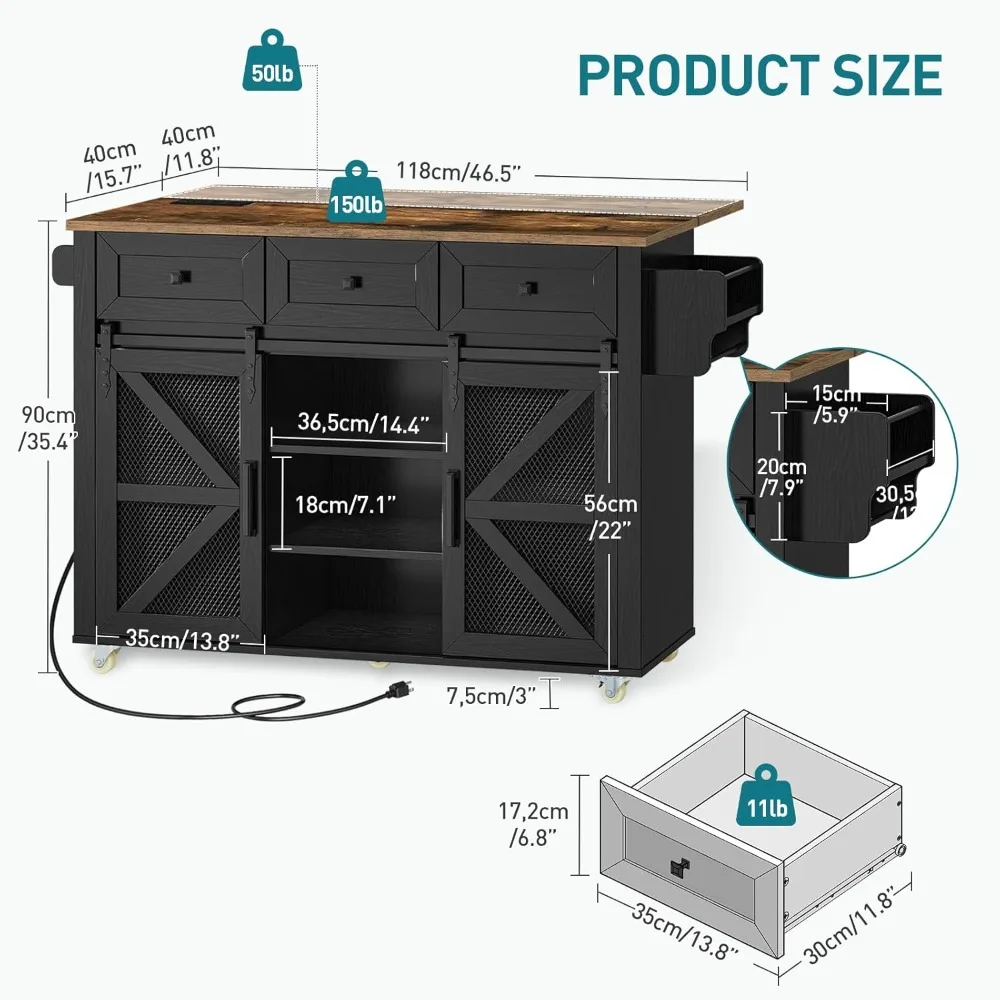 Kitchen Island with Storage, Kitchen Cart with Charging Station, Rolling Kitchen Island Table with Drop-Leaf, 3 Drawers, Barn Do