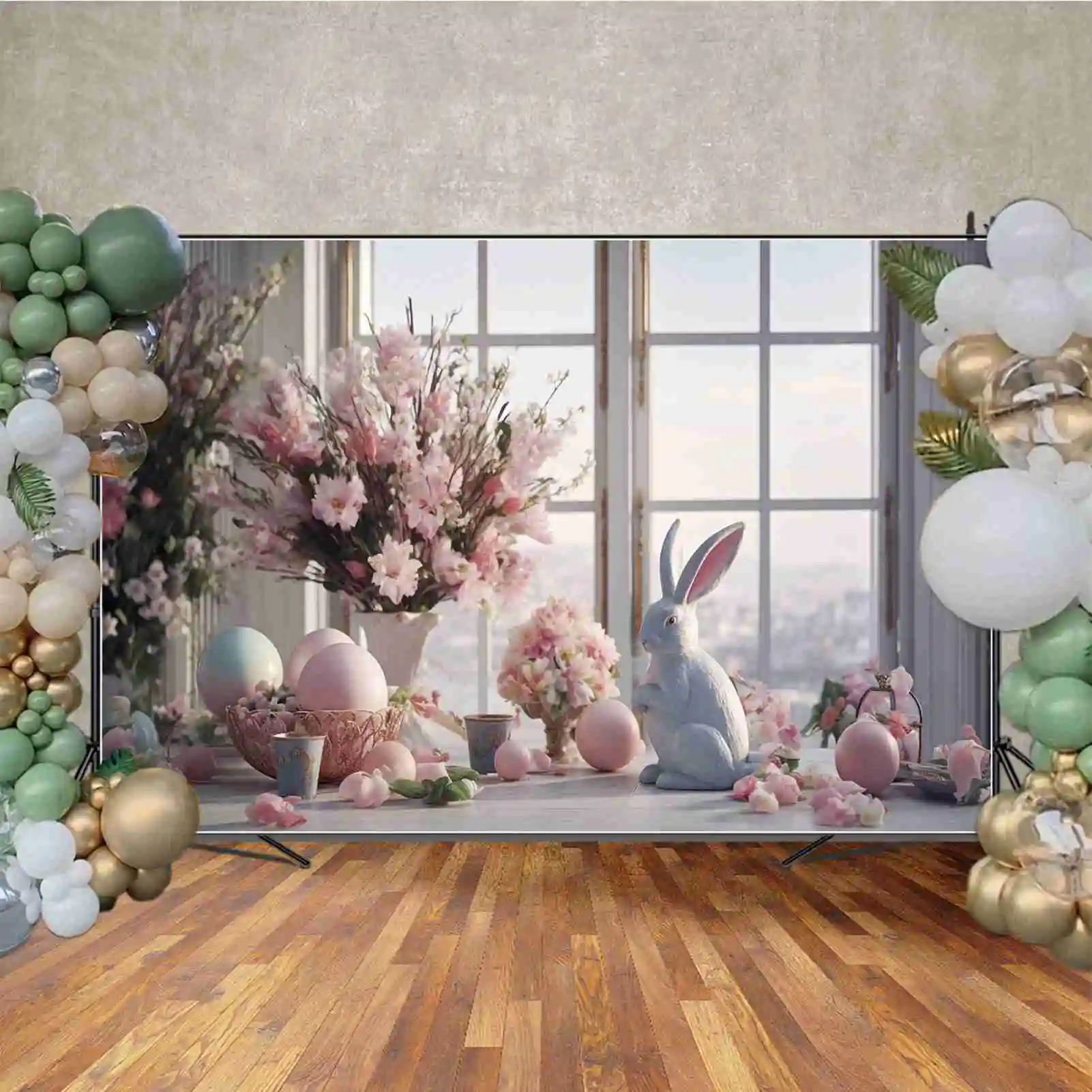 MOON.QG-خلفية تصوير لحديقة عيد الفصح ، خلفية نافذة زهور ربيعية ، زهور مخصصة ، بيض ، صور أرنب ديكور