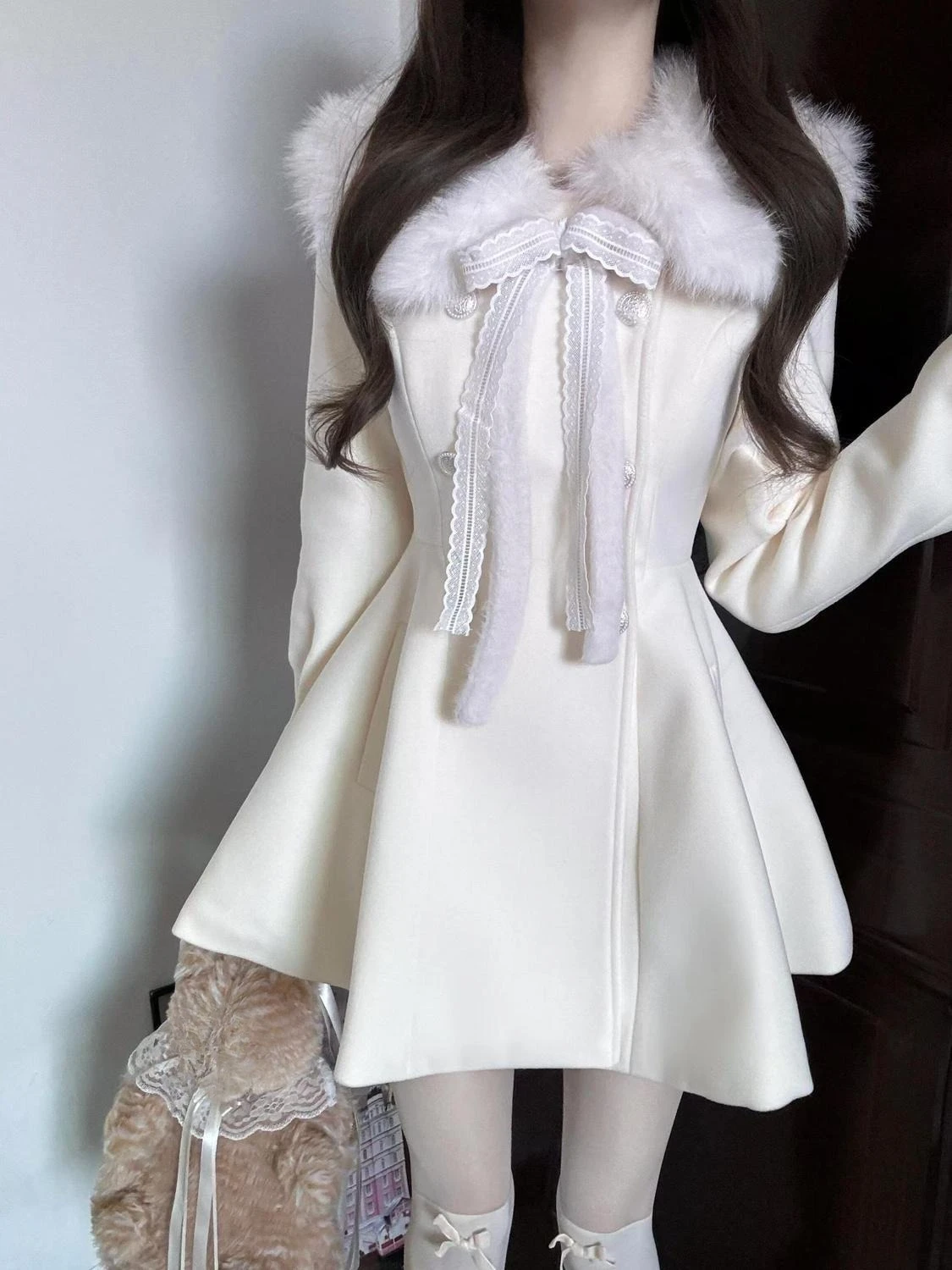 프렌치 스타일 페이크 퍼 칼라 슬림핏 코트 드레스 여성 가을 겨울 솔리드 엘레강트 드레스 따뜻한 캐주얼 한국 패션 드레스