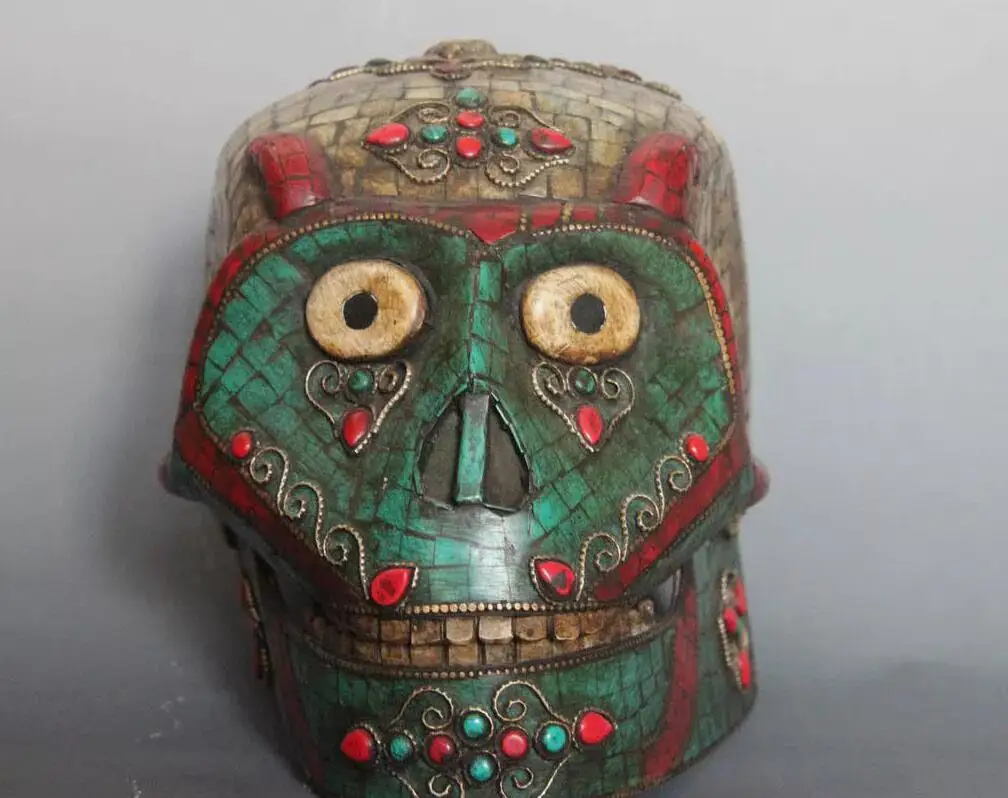 Tibet Old Copper Inlay Turquoise Shell Coral Ruby Gem Skull Skeleton Head Statue