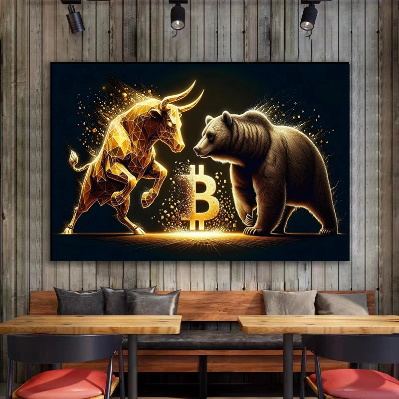 Artwork Bitcoin Bull Bear Animals Canvas Painting Bull Market Motivation Posters Abstract Print Wall Art Office Home Decor