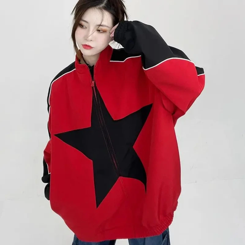 High Street Jacket Women Star Pattern Patchwork Thin Coat Harajuku Loose Casual Zipper Jacket Spring Autumn Couple Bomber Tops