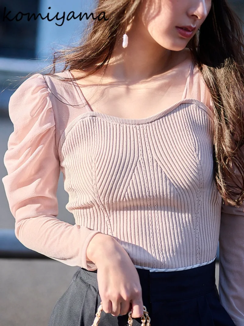 Japanese Feminino Backless Sweater Puff Long Sleeve Ropa Mujer Square Collar Pullover Spring 2025 Womens Clothing Knitwears