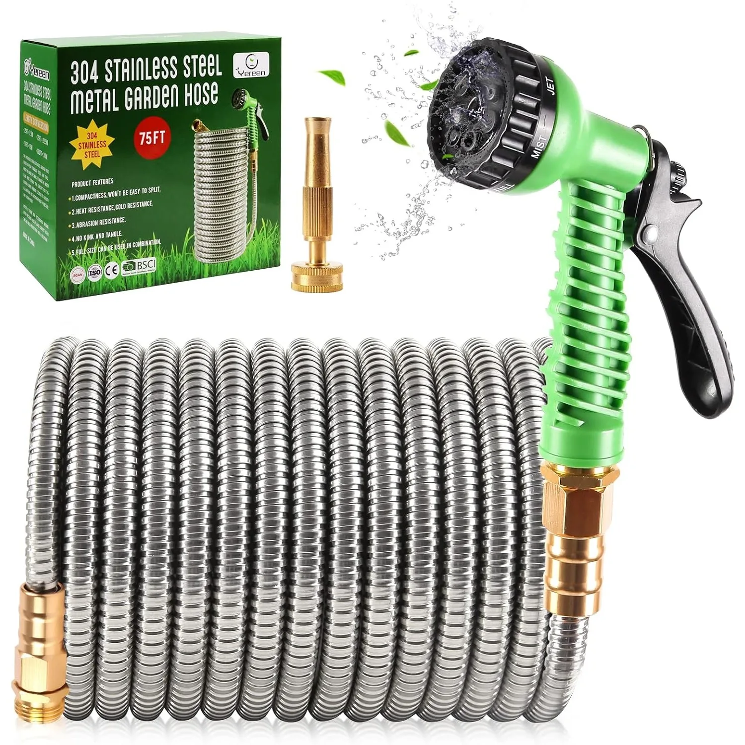 

Yereen Metal Garden Hose 75FT, 304 Stainless Steel Garden Hose with 3/4" Fittings and 2 Function Nozzle, Kink Free Flexible