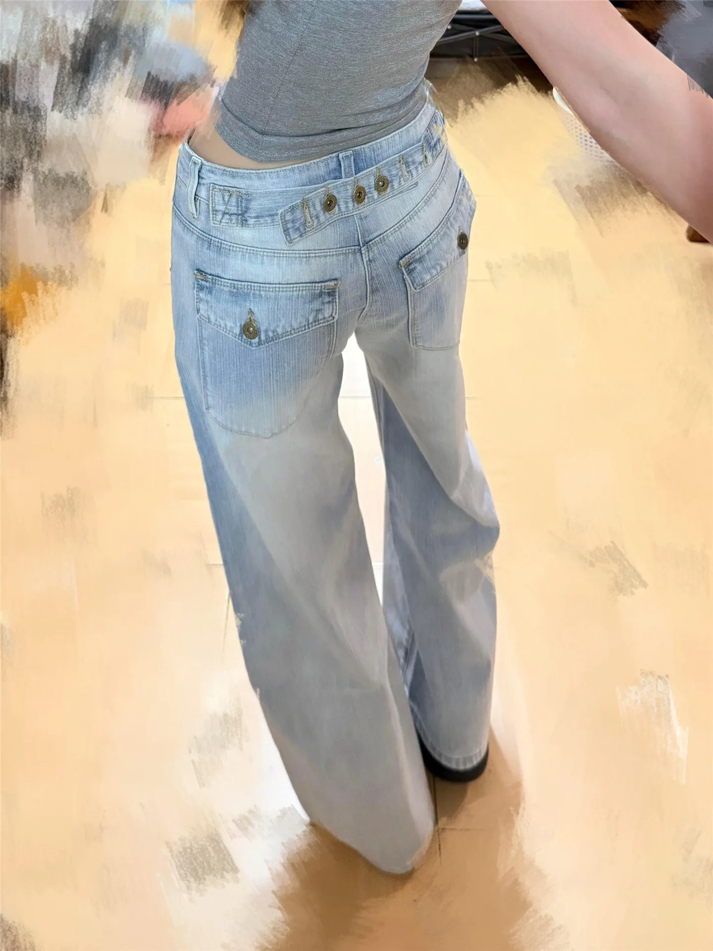 

High Waist Wide Leg Jeans Women's Loose Slimming Design Summer Blue Denim Floor-Length Pants American Style Vintage Look