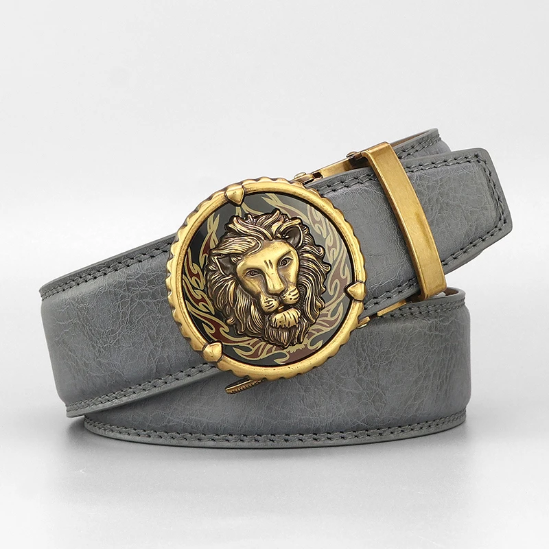 High quality lion Automatic Buckle men betls luxury famous brand retro designers genuine leather gray jeans ceinture homme Z258