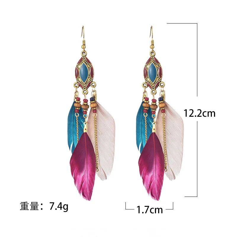 New Ethnic Long Feather Dangle Earrings For Women Bohemian Tassel Beads Handmade Enamel Earrings Girl Bride Wedding Jewelry