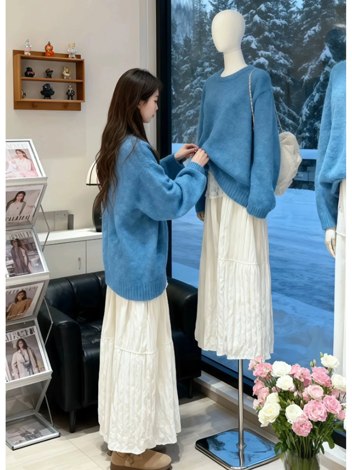 

Blue Sweater Dr Set Autumn Winter Loose Comfortable Ele Lazy Sle Small Size Women Faion Casual Outfit Two Pieces