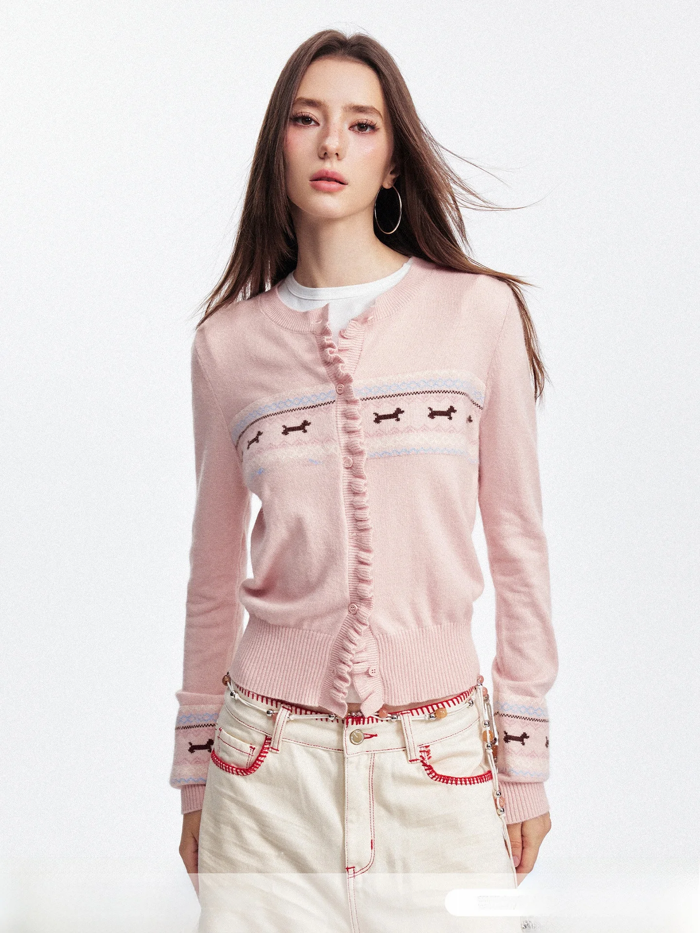 

SEGI Original Design Autumn New Fair Isle Sausage Dog Ruffle Front Knitted Sweater Cardigan Women's Faion Commute Sle Lon...