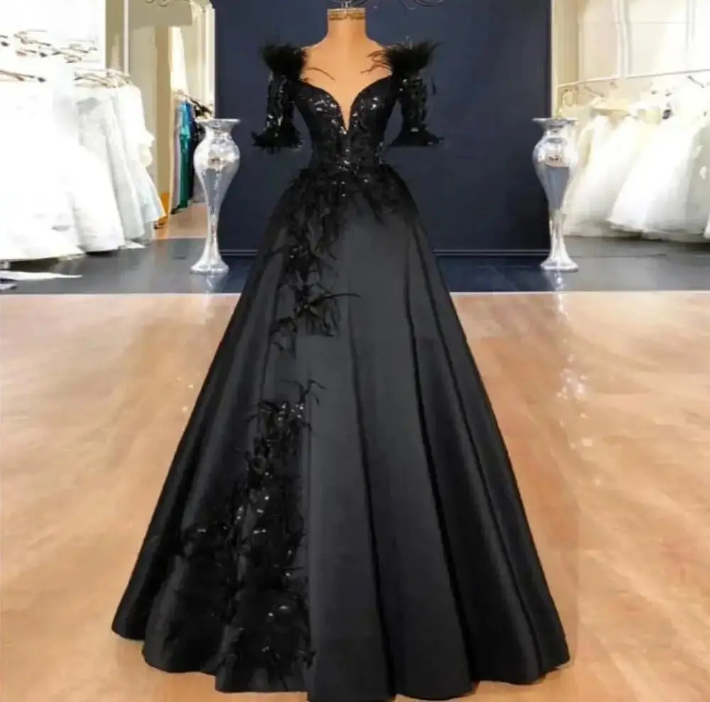 Elegant Black V Neck A-line Cover Arms Evening Dress With Feathers New Fashion Female Formal Banquet Party Prom Gowns