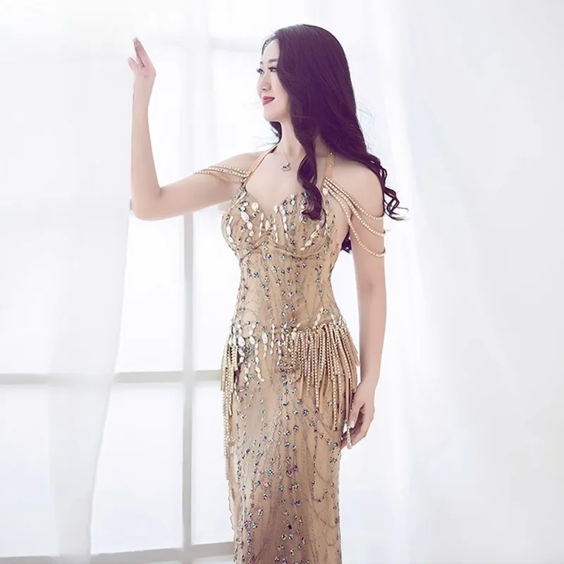 

customized belly dance performance costume for women one-piece long dress with belly covering mesh Eastern set long skirt