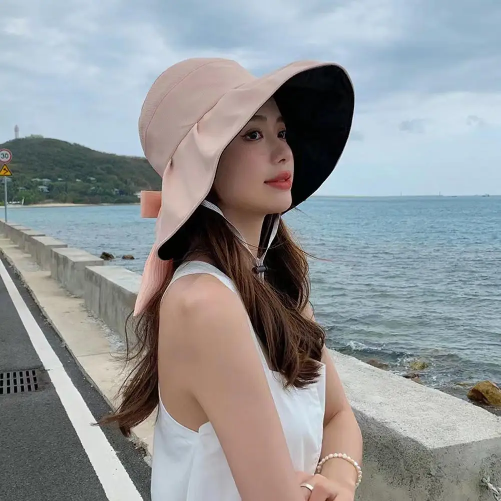 Women Sun Hat	Back Split Bowknot Decor Bucket Hat Solid Color Breathable Fishermen Hat Ruffle Wide Brim Female Beach Hat