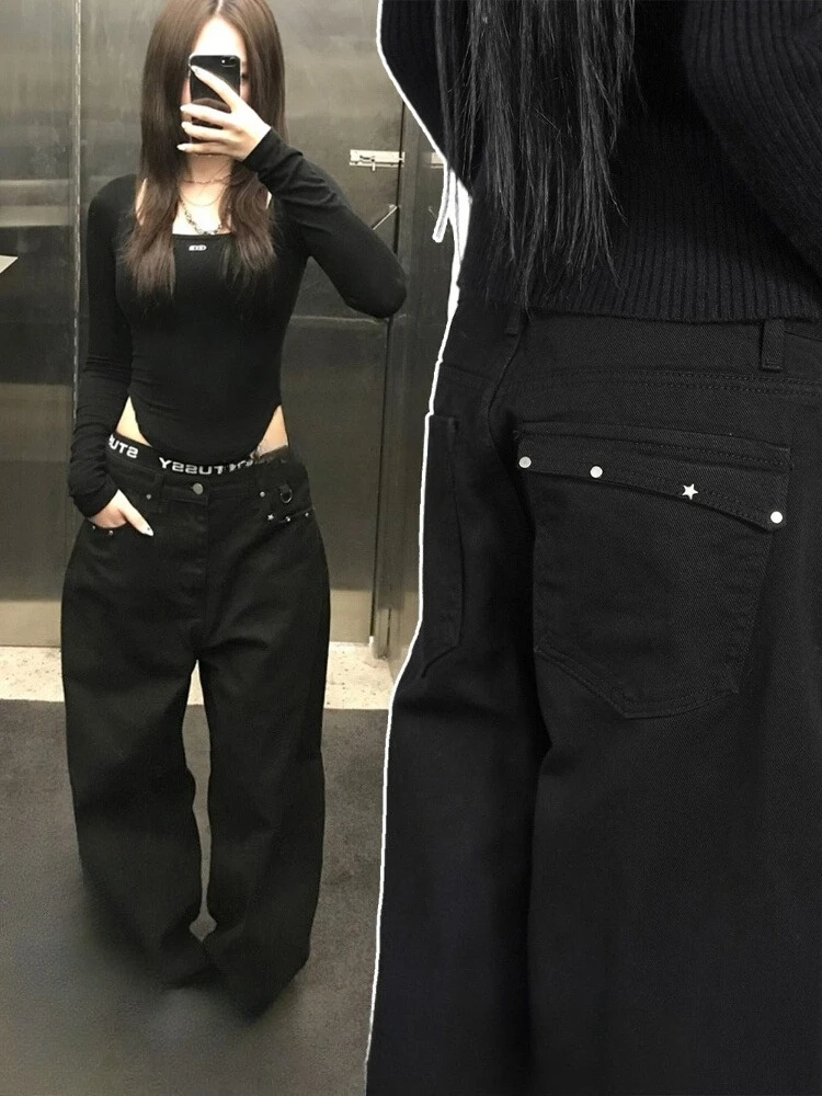 

Y2k Street Retro Dark Star Rivet Denim Pants Loose Straight Casual Wide Leg Pants 2025 Summer New Black Jeans for Women