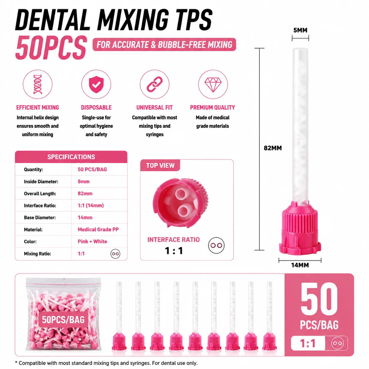 50/100 Stück Dental-Mischspitzen Einweg-Mixer 1:1 Gelbe Mischspitzen Einweg-Zahnmedizin-Mischspülungen Mischrohr
