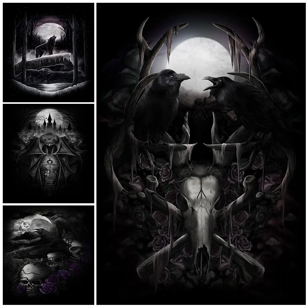 Magical Creatures Active In The Night Vitnage Wall Art Canvas Print Wolves,Bats,Crows Witchcraft Animal Art Poster Print Decor