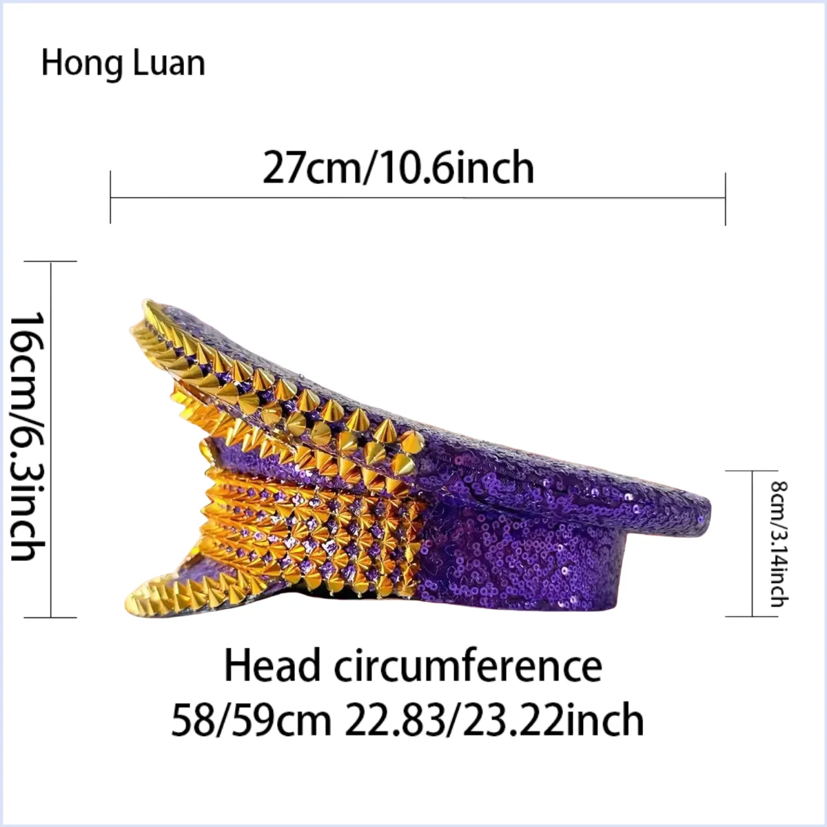 HongLuan Yellow Laser Leather Loop Captain Hat Rhinestone & Military Caps for Woman, Rave Festivals Accessories ＆ Party Cap Man