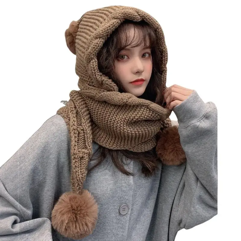 Damen Winter Strickmütze mit integriertem Schal, flauschigen Bommeln, dick und warm für Skifahren, Pendeln und kaltes Wetter – Detail 6