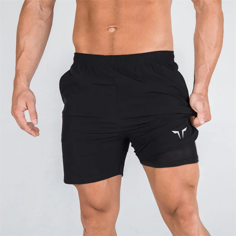 Men\'s double layered fitness shorts quick drying breathable shorts gym training clothes summer