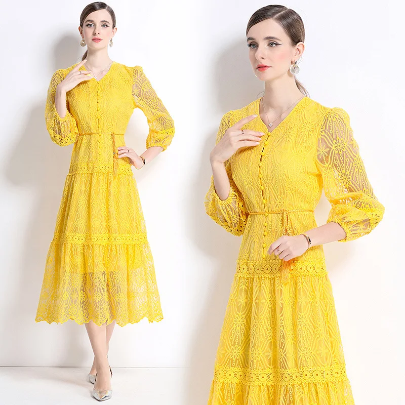 Vestido E de Renda com Decote em V e Mangas Lanternas, Vestido Longo com Botão Único, Estilo de Casaco de Verão Reforçado