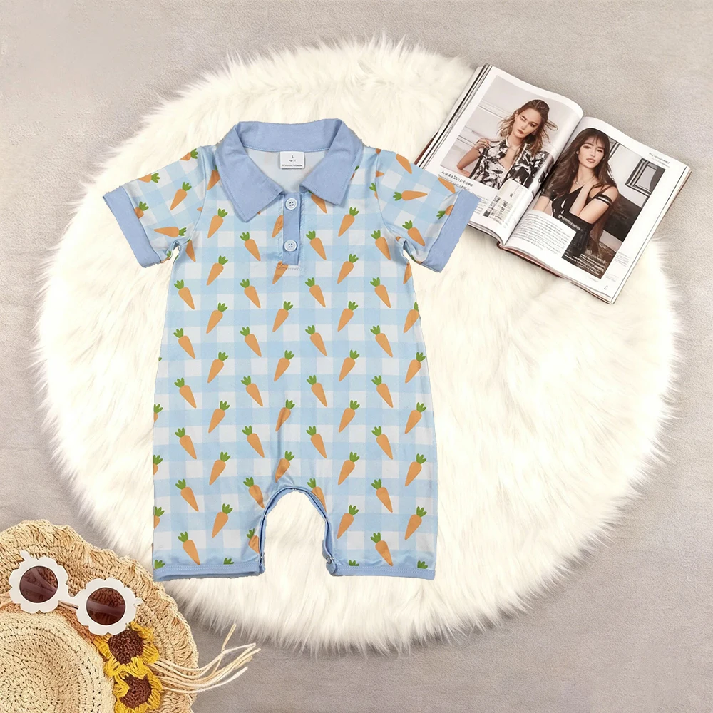 

12.11 Baby Boys Rompers Baby Boys Blue Checked Carrots Easter Button Shorts Rompers