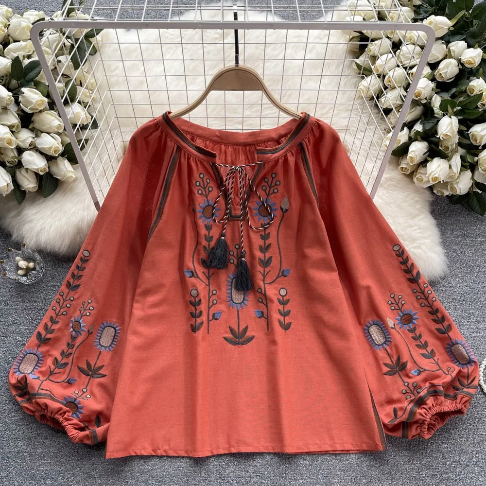 Neploe Vintage Ethnic Style Print Loose Shirt Casual Fresh French Lace Up Tassels Blouses Sweet All-match Embroidery Tops