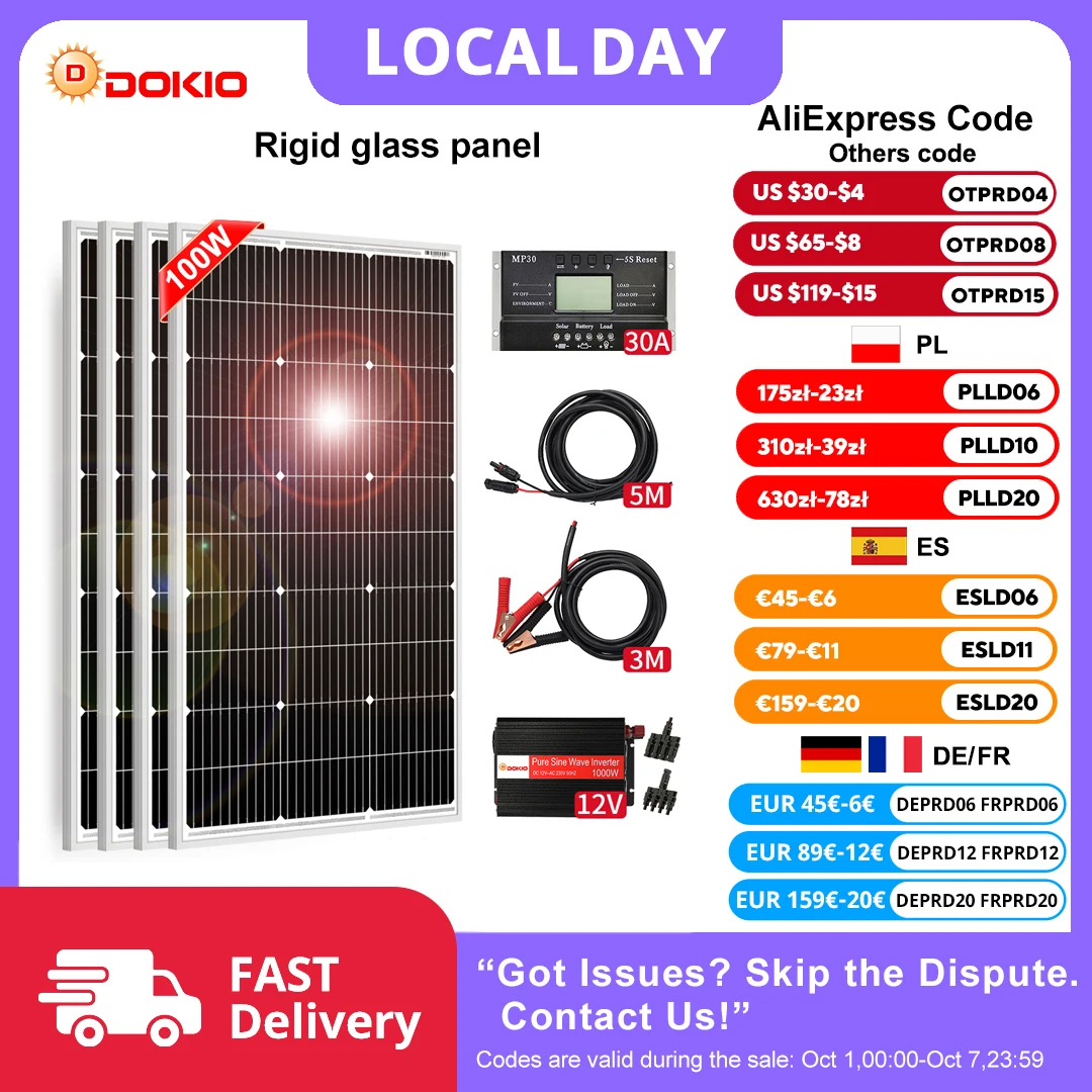 Set di pannelli solari rigidi impermeabili Dokio 18V 100W 200W 400W con regolatore di carica per casa, per caricare batterie auto a 12V, monocristallini, Cina