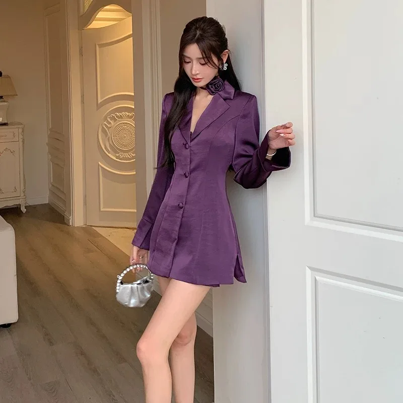 Women Satin Long Blazer Coat Jackets Lady Elegant Blazer Dress Chaming Sexi Dinner Banquets Party Coat Dresses Senior Streetwear