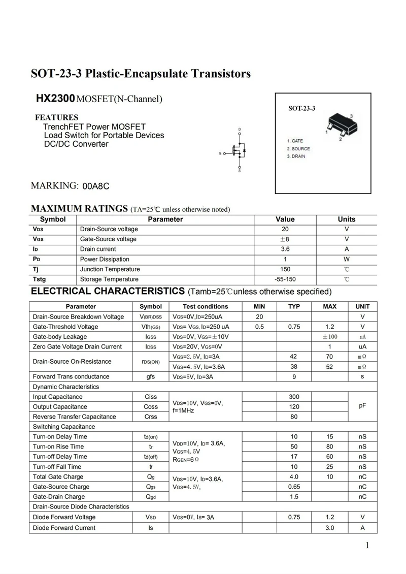 SMD 전계 효과 MOS 튜브, SI2300, A09T, 008AC, 00A, SOT-23-3L, 2300, C009T, 50 개