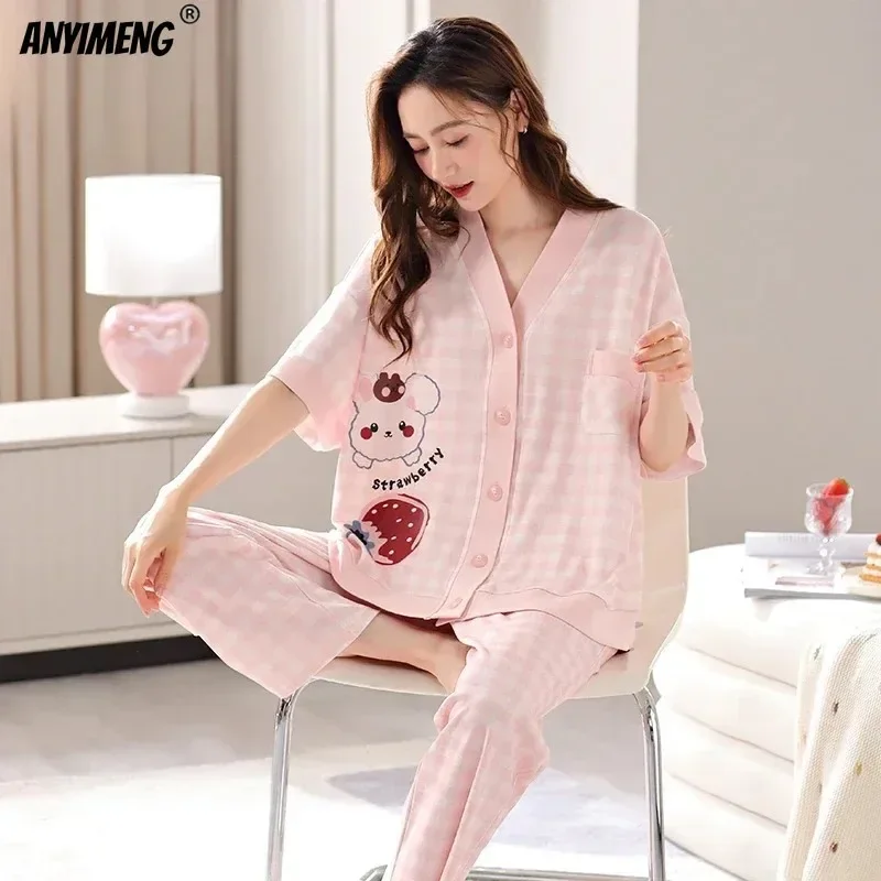 Women Clothing M-5XL Summer Cotton Panda Pajama Casual Short Sleeve Kimono Cardigan Sleepwear Cartoon Nightwear Woman Loungewear