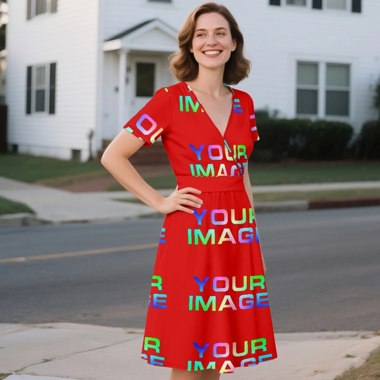 Women Summer Elastic Waist Short Sleeve Elegant Dress Casual Beach V Neck A-Line Mini Dresses Custom Dress Print On Demand