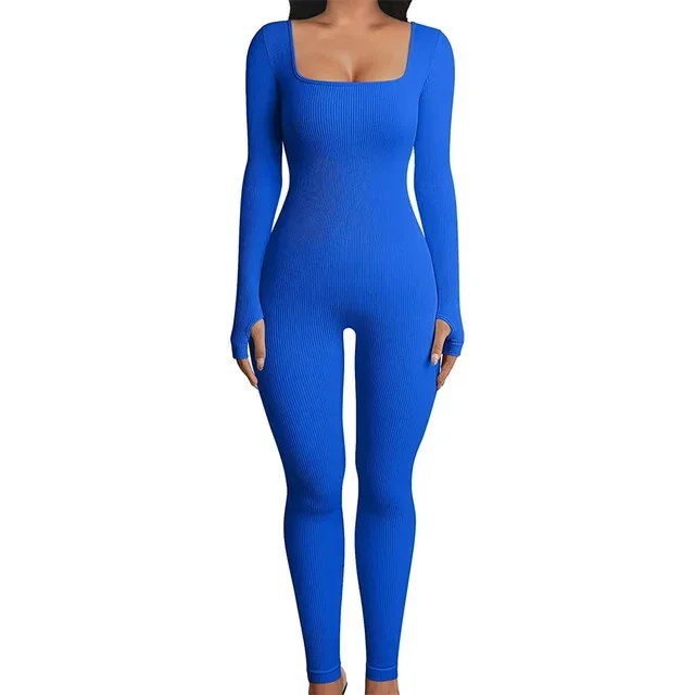 LANGMAO Kombinezon damski Skinny Solid Color Ribbed Knit Long Sleeve Square Neck Bodycon Jumpsuit Romper Work Out Sport Yoga