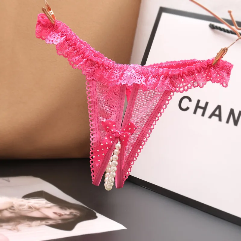 Pakaian Dalam Wanita Seksi Model G-String Berlubang dengan Hiasan Mutiara dan Pita, Celana Dalam Thong Warna Solid Pinggang Rendah, Pakaian Dalam Menggoda 2025