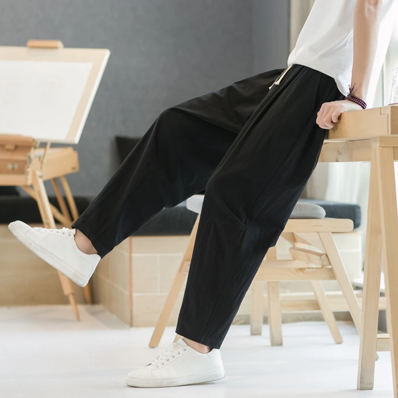 

6 Colors M-5XL!Summer Men's Cotton Hemp Casual Pants Versatile Loose Linen Straight Leg Pants Korean Fashion Crop Pants