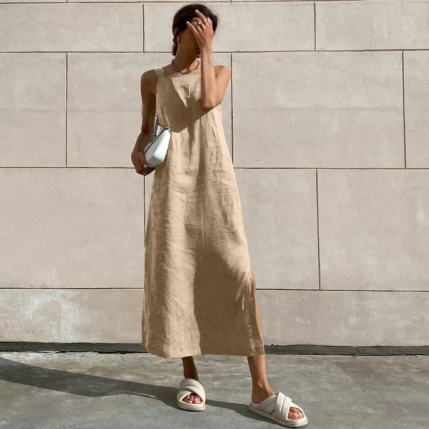 2025 صيف جديد الفرنسية القطن والقنب سترة فستان للنساء عطلة الترفيه الأخضر سبليت حزام فستان طويل لملابس نسائية #5
