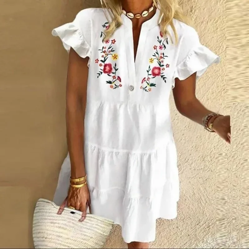 Casual Vintage Print Mini Dress Woman V Neck Summer Dress Patchwork Loose Beach Dresses Ladies Bohemian Ruffles Vestido Платье