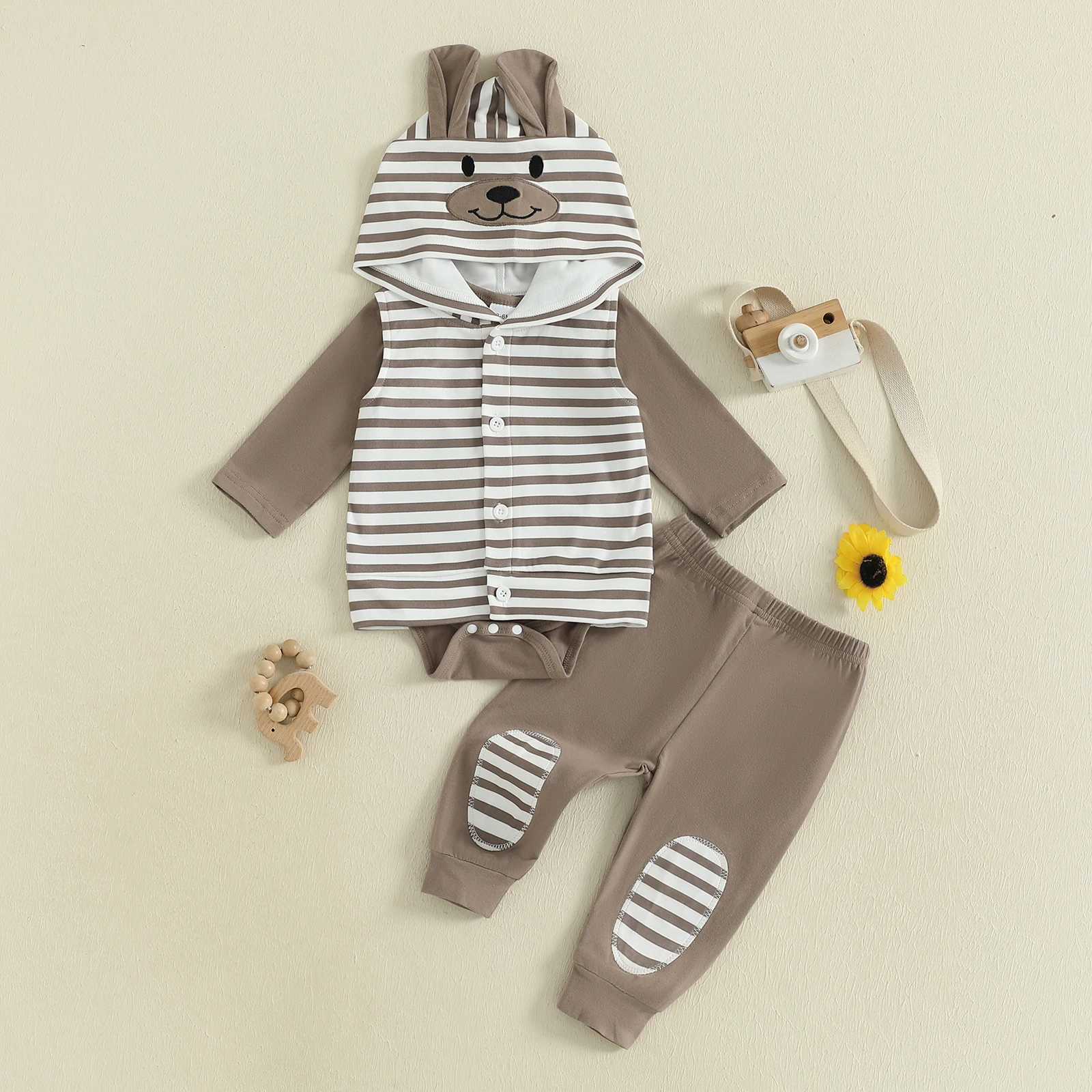 

Tregren 0-18M Infant Baby Boys Pants Set, Long Sleeve Romper with Sweatpants and Striped Hooded Vest Fall Winter Outfits