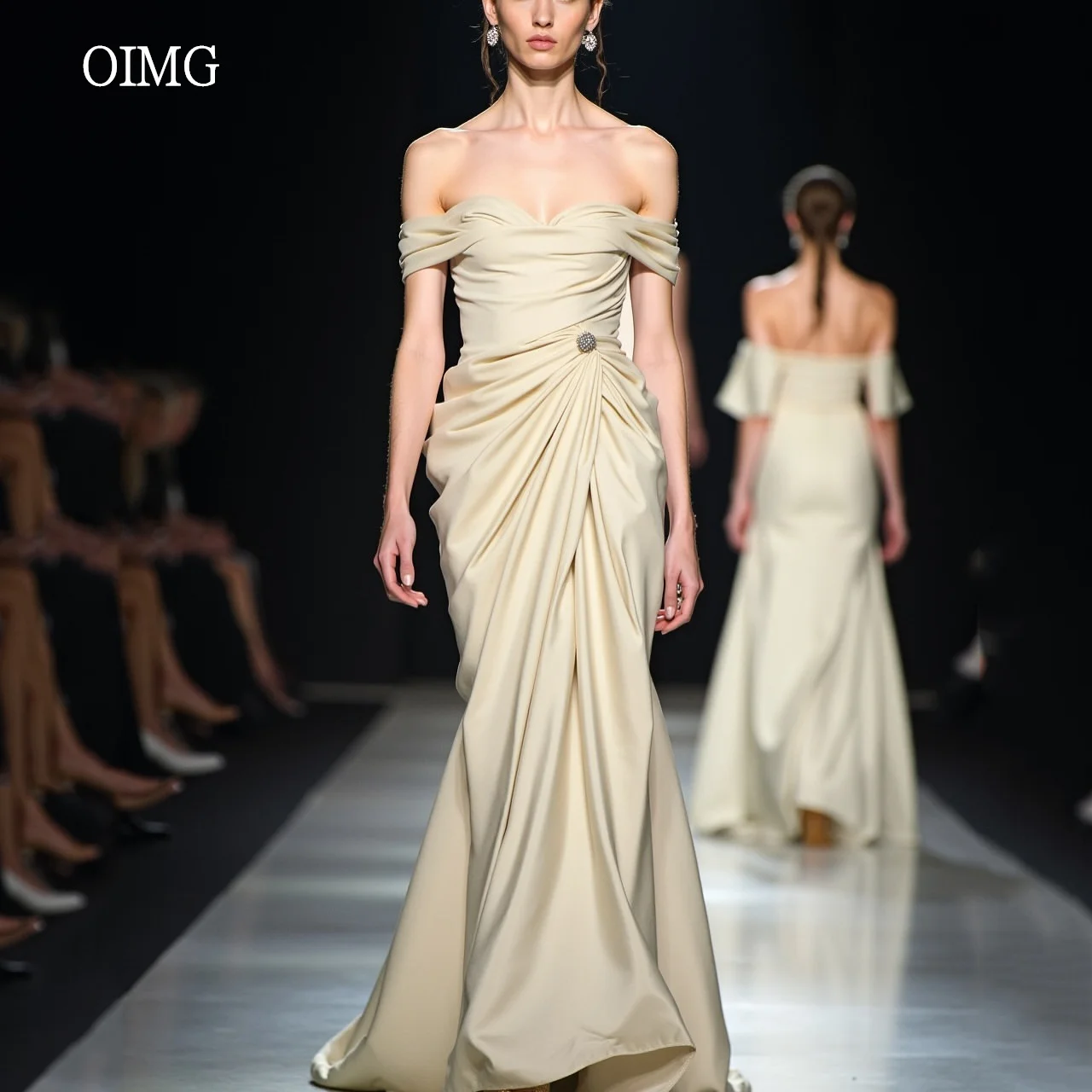 

OIMG Modern Off The Shoulder Mermaid Prom Gowns Backless Pleated Formal Party Gown Floor Length Evening Dress 2025 Customized