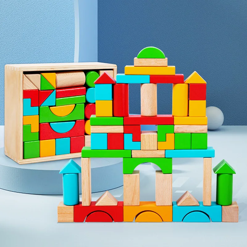 50pcs/set Wooden Geometry Rainbow Stacking Building Blocks Toys Big Blocks Assembly Stacker Game with Wood Box Educational Gifts