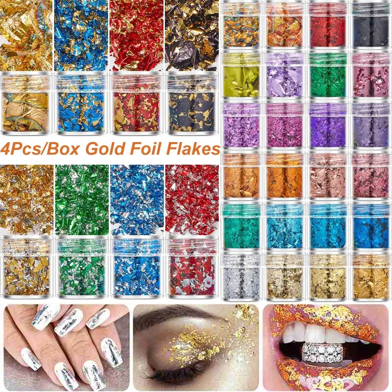 4Colors/4Pcs Professional Nail Art Accessories Gold Silver Copper Foil Sequins Glitter Leaf Flake Sheet Bulk Foil Paper For Gild