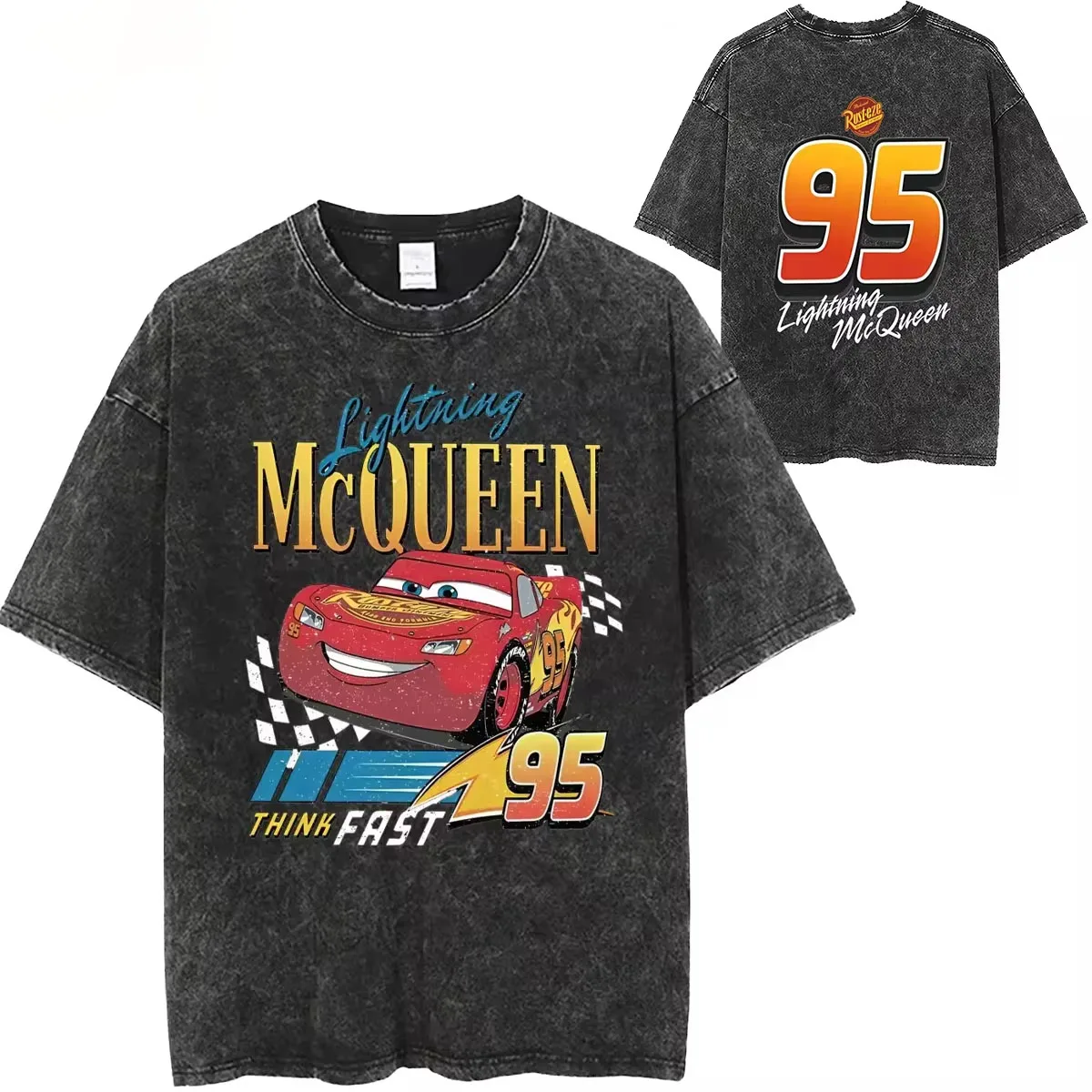 Washed T Shirts Vintage Cars 95 Lightning McQueen Hip Hop Retro T-Shirt Streetwear Short Sleeve Tops Tops Tees for Men Women